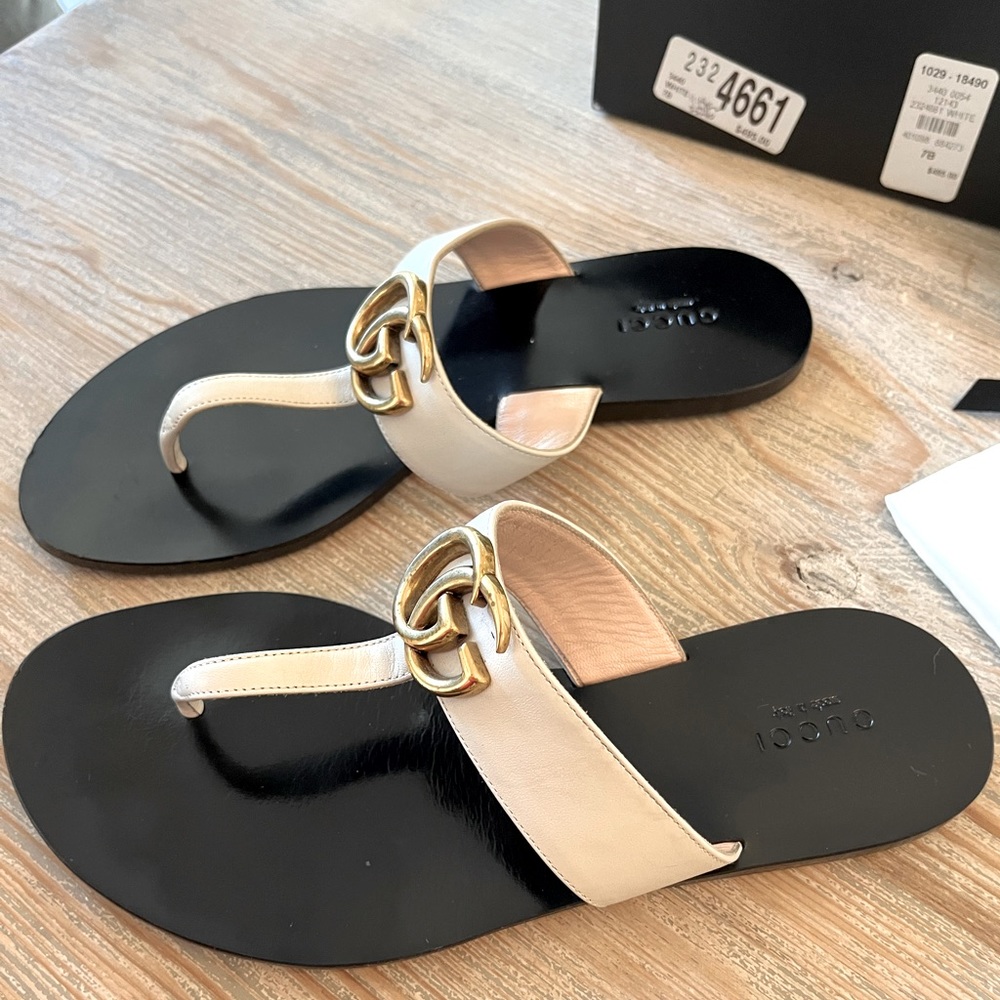Authentic Gucci Marmont White Leather thong sandal Size 37